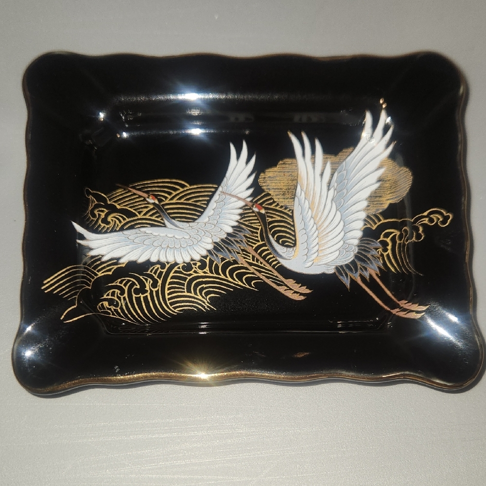 Black Ash Tray with Crane and Gold Accents